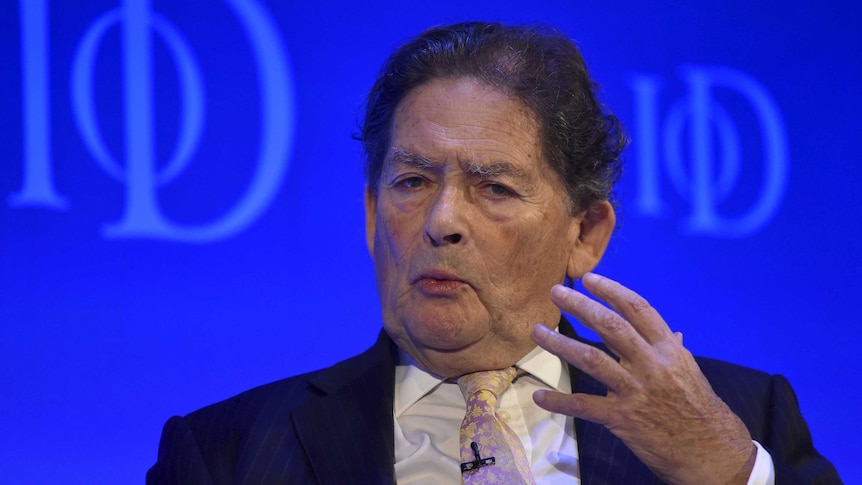 British politician and Brexit supporter Nigel Lawson gestures during a debate.