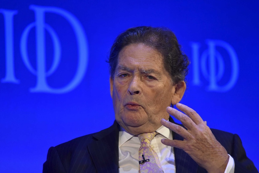 British politician and Brexit supporter Nigel Lawson gestures during a debate.