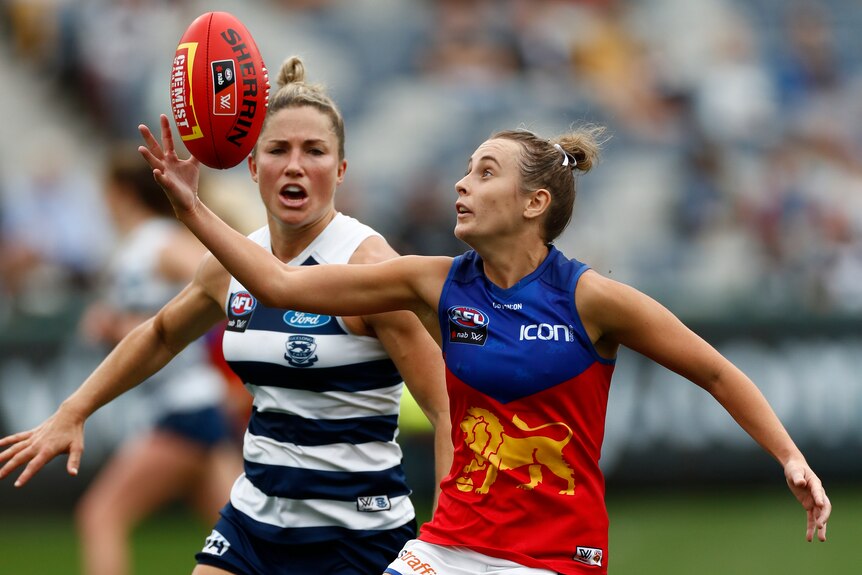 Brisbane's Gabby Collingwood gathers the ball in front of Geelong's Melissa Hickey during AFLW match