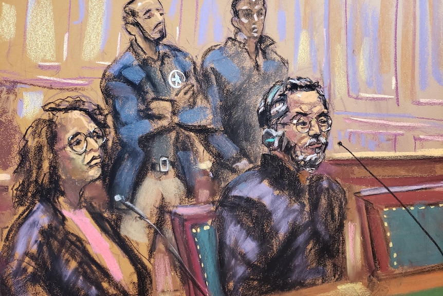 A courtroom sketch shows a rough view of a male defendent seated with his female lawyer while two officials stand behind.