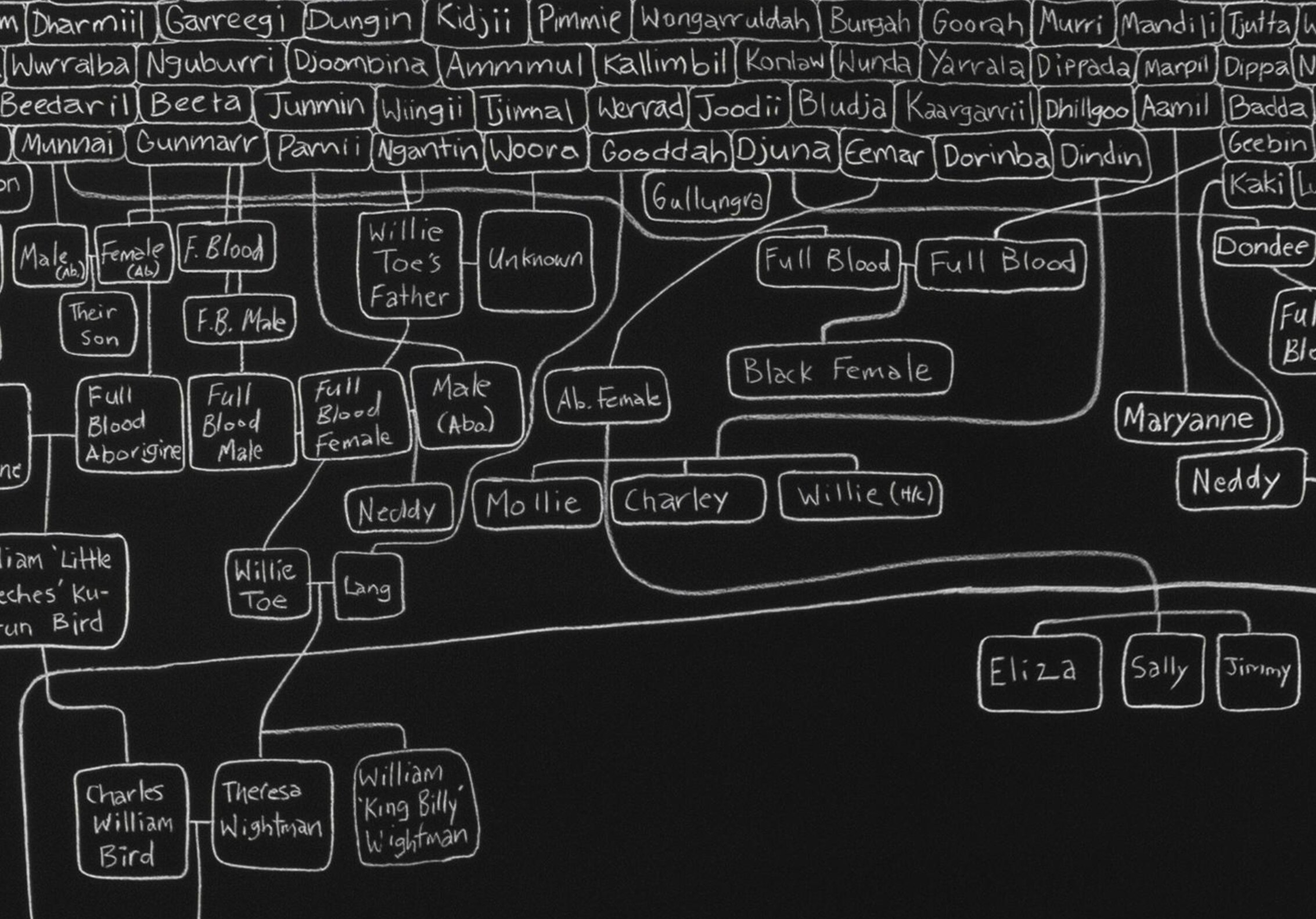 A blackboard shows names such as Mollie and Neddy in a family tree.