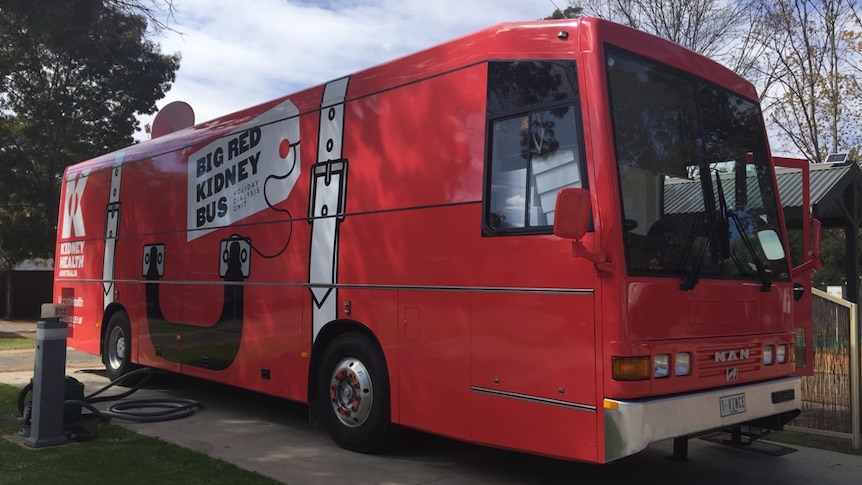 Big Red Kidney Bus parked at a Mildura caravan park