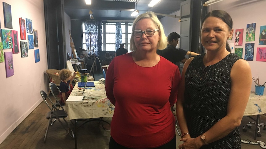 Sandy McLean and Debbie Hughes in an art class in Sandy's studio