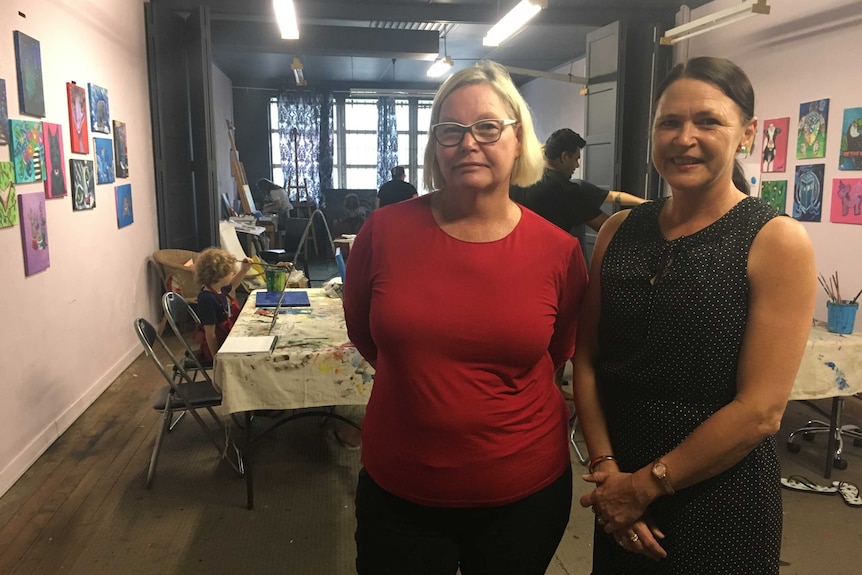 Sandy McLean and Debbie Hughes in an art class in Sandy's studio