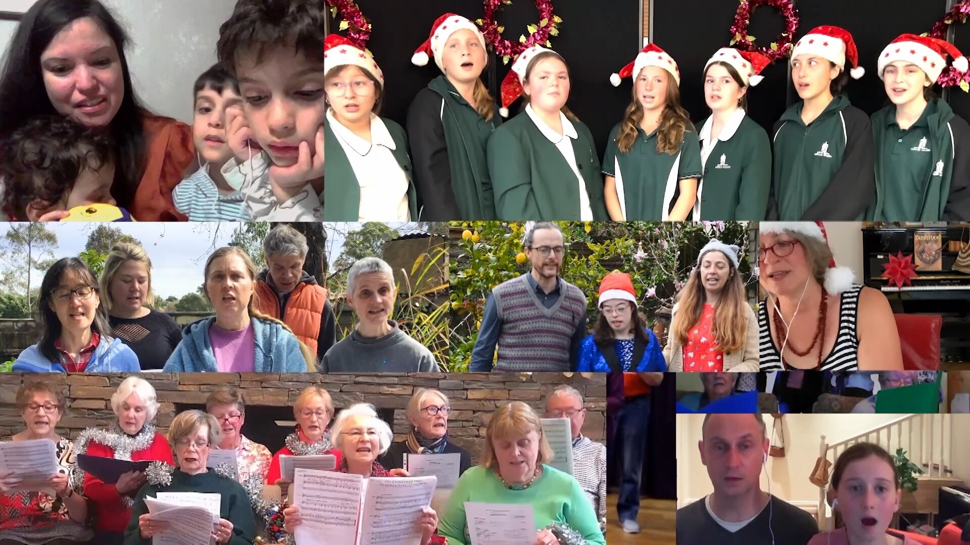 A number of videos of groups of people singing compiled together into one screen.