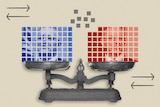 An illustration of a balanced scale holding several boxes, representing seats, with a handful unassigned to either side.