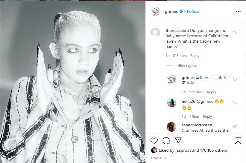 A screenshot of an Instagram post by musician Grimes. She says her baby's name is X Æ A-Xii