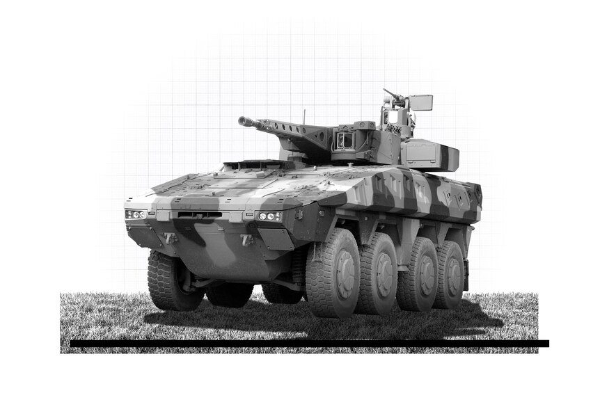 Black and white collage of camouflage tank with 8 wheels on grass.