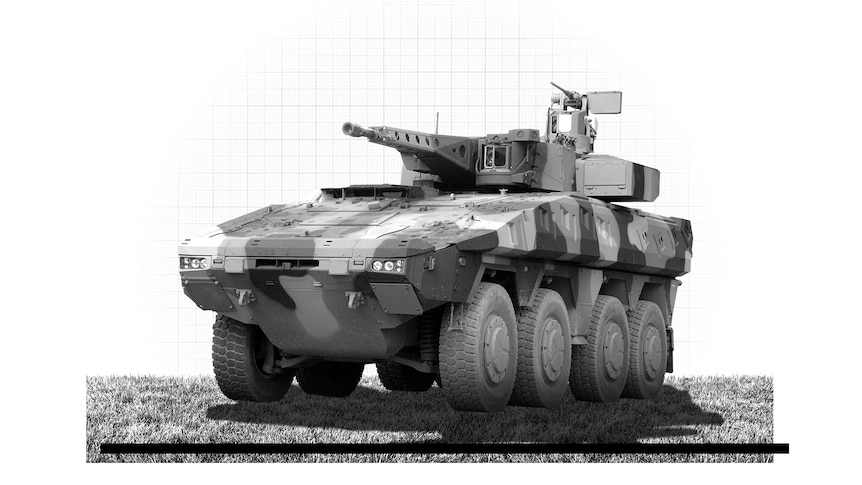 Black and white collage of camouflage tank with 8 wheels on grass.