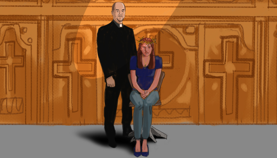 An illustration shows a woman, sitting, in front of a priest in a church.