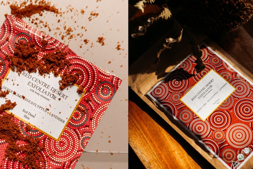 Two images side-by-side of a small package covered in a red Indigenous dot-painting style design, with dirt spilled out of some.