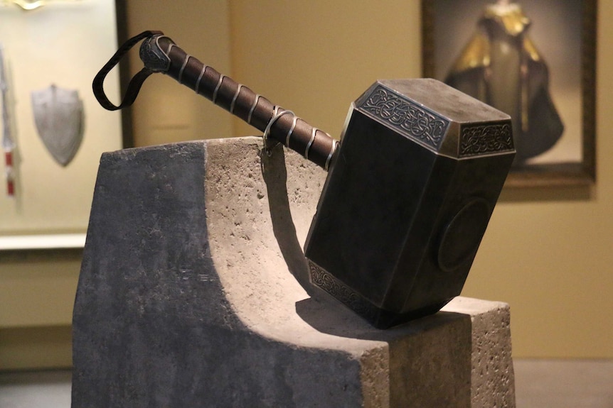Thor's hammer Mjolnir on display at GOMA for the Marvel exhibition