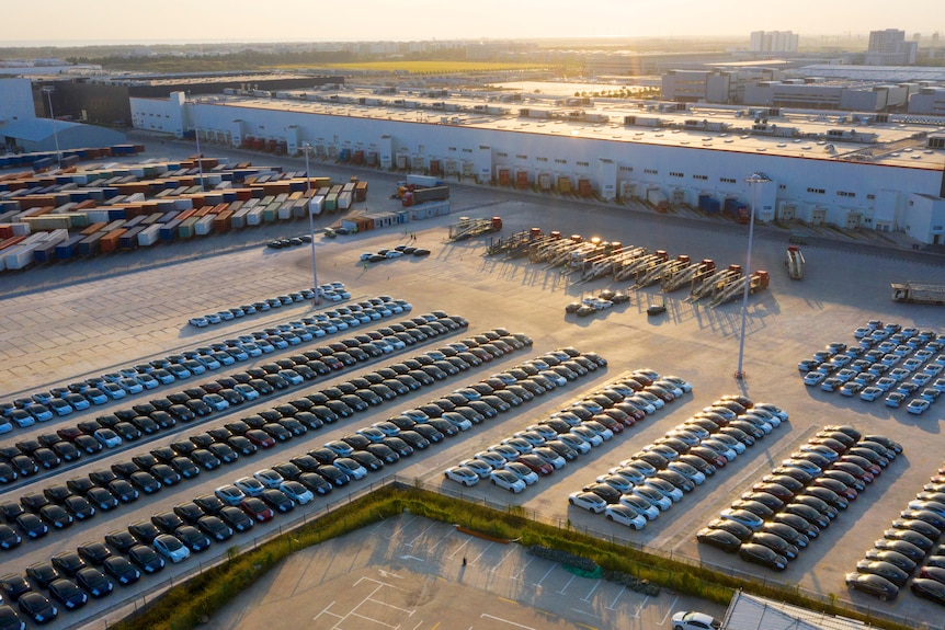 Rows of cars parked outside a giant factory
