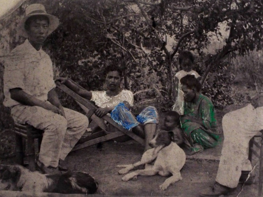 Historic photo of a family sitting on chairs under a tree