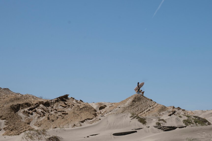 A wide shot of a woman surfer standing on hilly, sandy terrain