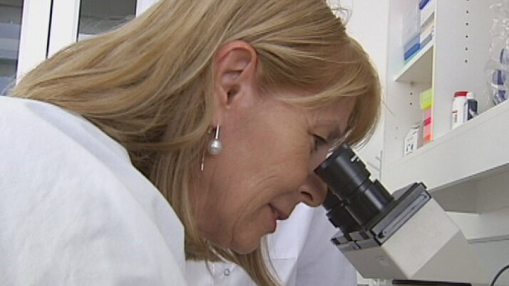 Professor Elizabeth Rakoczy looking into a microscope in Perth in macular degeneration study