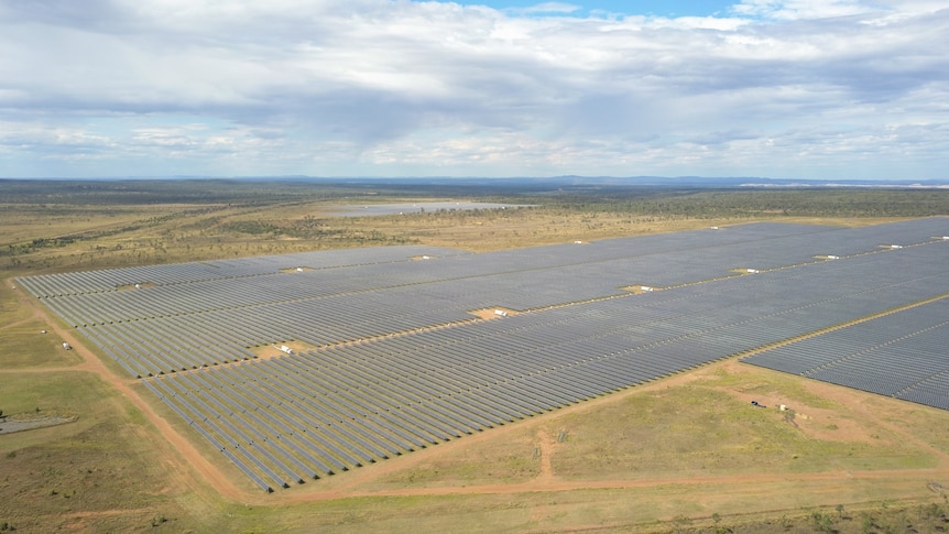 An aerial shot of a huge solar farm.