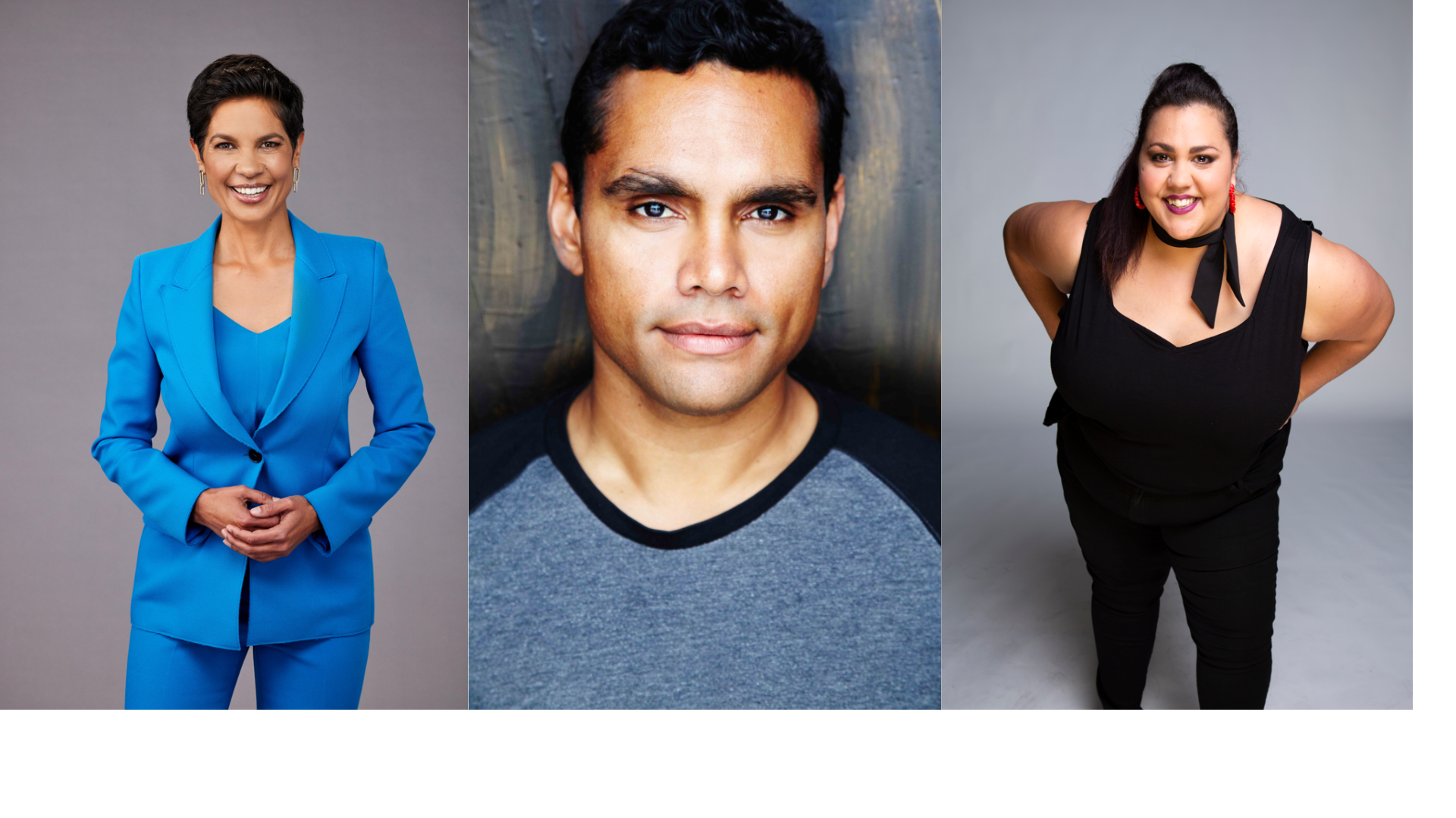 A trio of presenters for NAIDOC Week 2024, Rob Collins, 10 News First presenter Narelda Jacobs, and comedian Steph Tisdell.