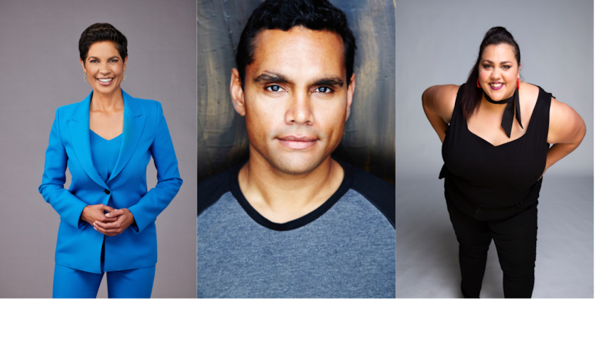 A trio of presenters for NAIDOC Week 2024, Rob Collins, 10 News First presenter Narelda Jacobs, and comedian Steph Tisdell.
