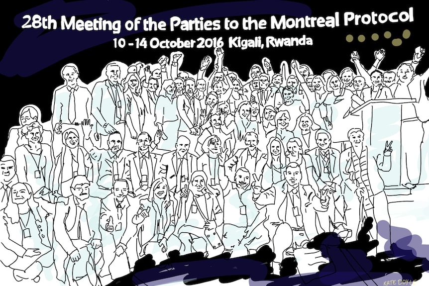 A drawing of a large group of people.