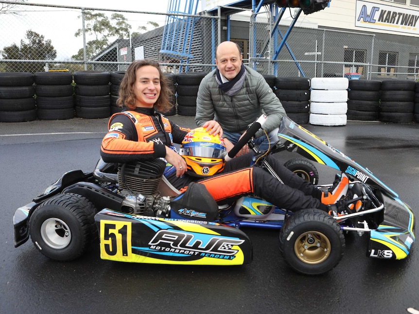 Alex (l) and Piero Peroni at the Orielton go kart track.