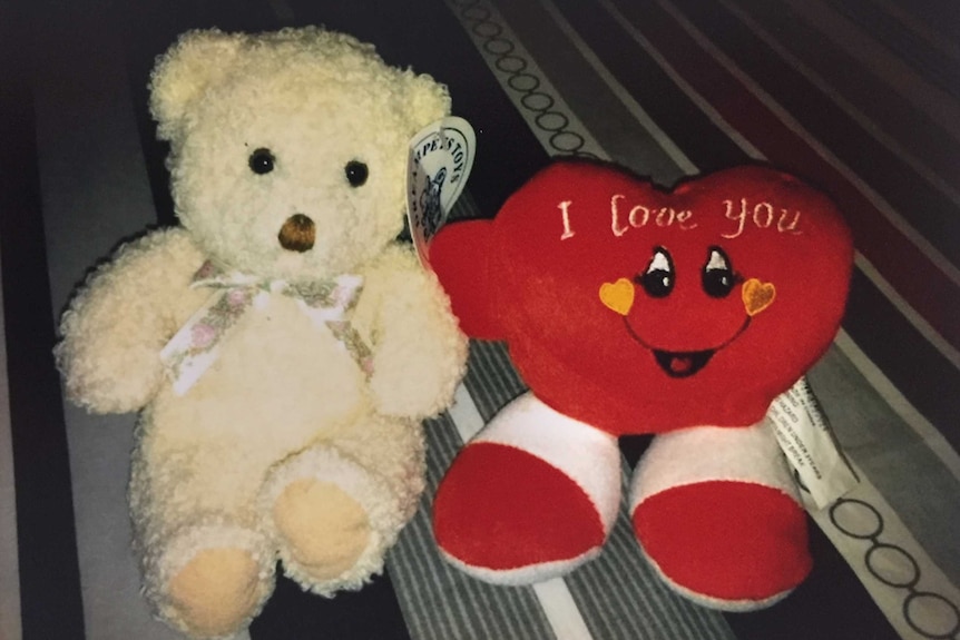 A teddy bear and a love heart stuffed toy.
