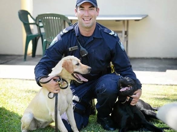 Police officer smiles at the camera as he hugs a golden labrador and a black labrador.
