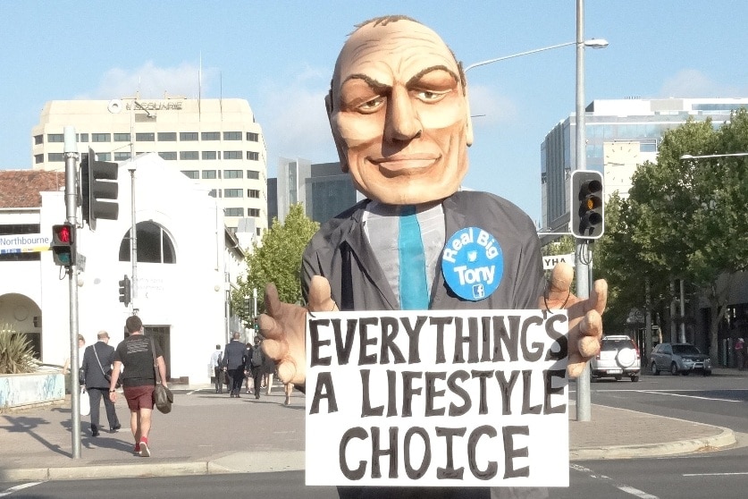 The 'Real Big Tony Abbott' crossing Northbourne Avenue in Canberra