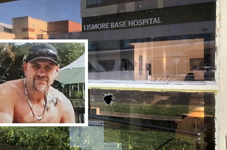 Bullet hole in window on street outside hospital, with Dwayne Johnstone inset
