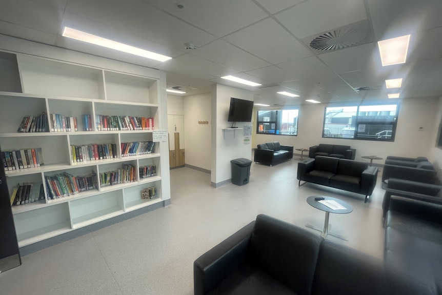 A large room with couches, a bookshelf and a TV.