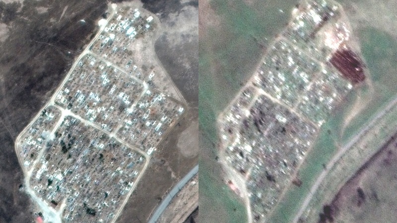 Before and after composite of cemetery near Mariupol