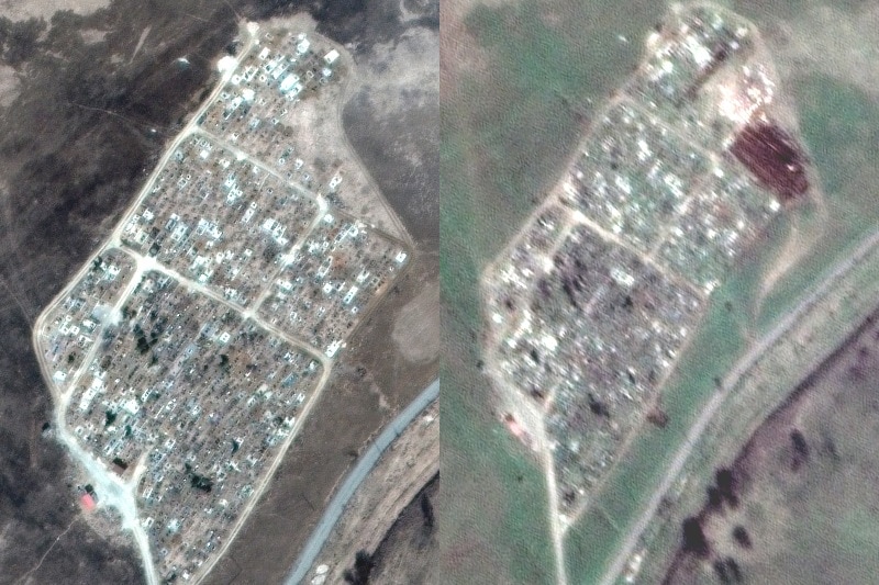 Before and after composite of cemetery near Mariupol