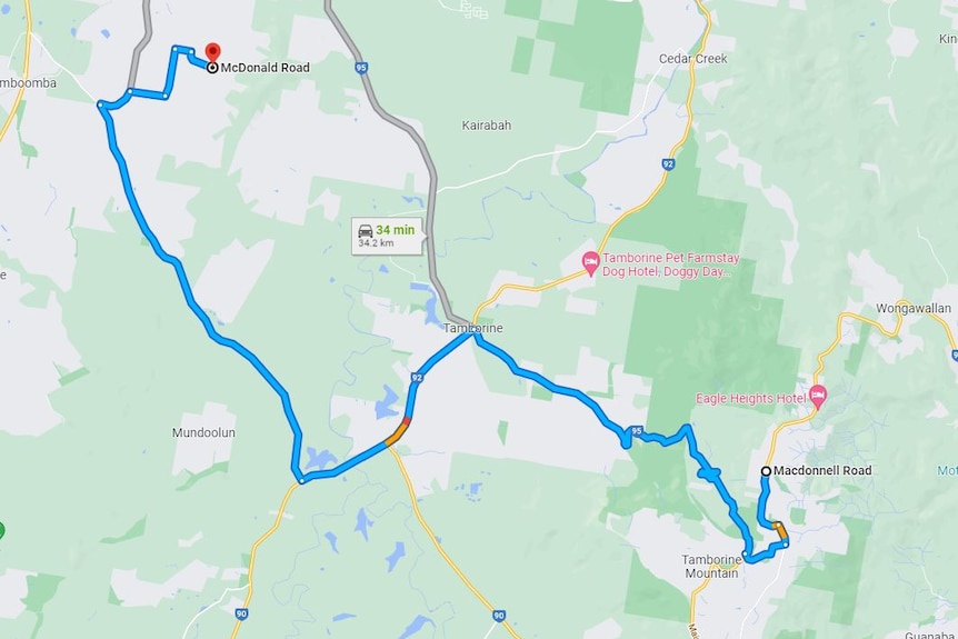 A map showing a route that will take 34 minutes to drive