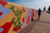 A jogger runs past a mural with orange, red and purple colours and a wattle flower on a seawall