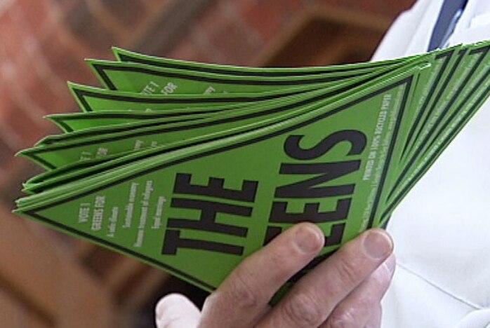 A hand holds a bunch of stickers for the Greens (ABC News)