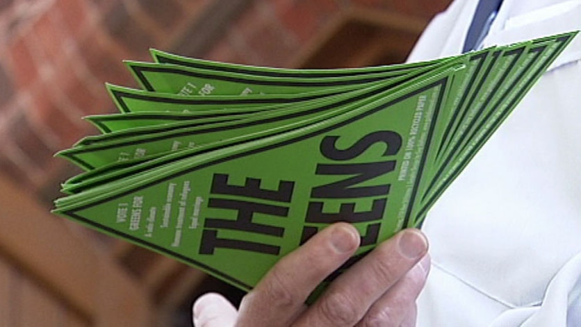 A hand holds a bunch of stickers for the Greens (ABC News)