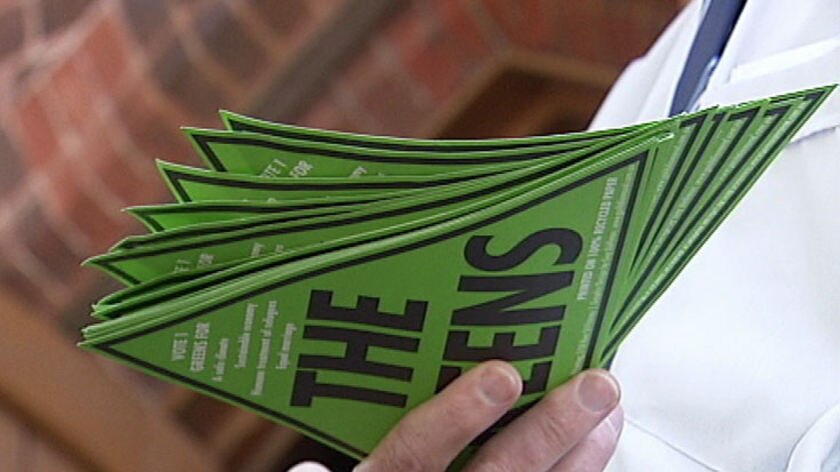 A hand holds a bunch of stickers for the Greens. (ABC News)