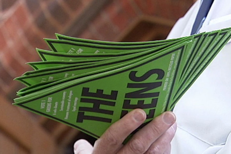 A hand holds a bunch of stickers for the Greens. (ABC News)