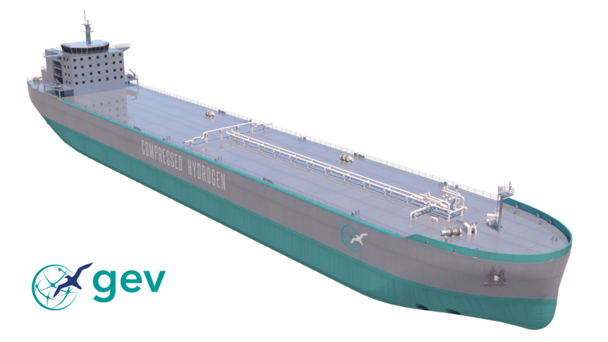 A computer-modelled image of a compressed hydrogen ship