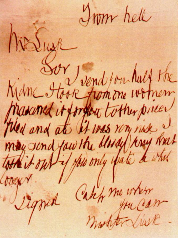 An old letter in cursive writing with the address listed as "from hell" 