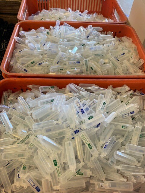 A basket of syringe caps at St Vincent's hospital in Sydney.