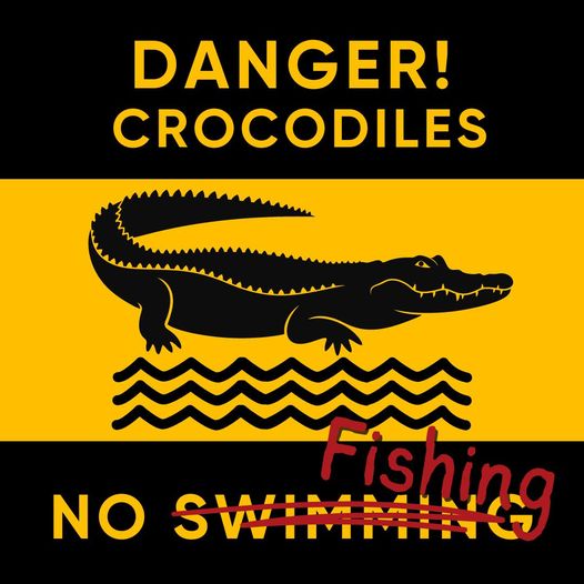  a yellow and black graphic of a crocodile with no fishing sign