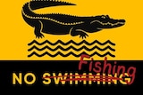 a yellow and black graphic of a crocodile with no fishing sign