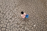 An image from above looking down at a boy carrying a blue bucket, walking across cracked dry land. 
