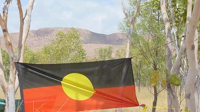 The black red and yellow flag hangs between two trees