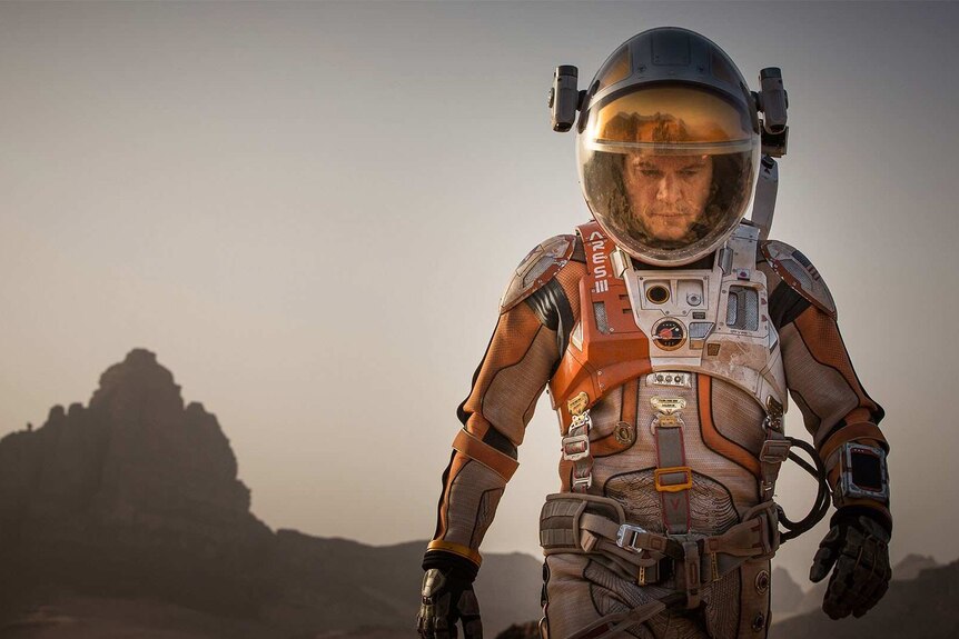 Matt Damon as astronaut Mark Watney marooned on Mars in The Martian.