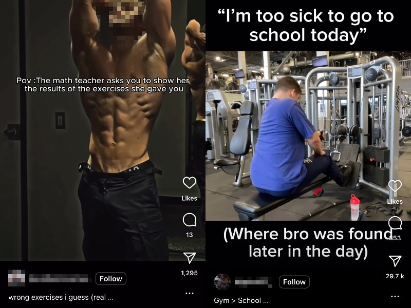 Two screenshots of instagram posts featuring content by young men about going to the gym