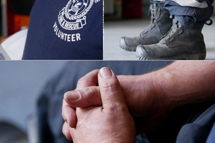 A collage of an anonymous firefighter including a man's hands, his fire boots and a symbol on his shirt saying 'Fire & Rescue