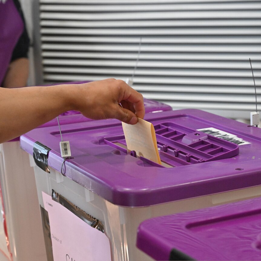 a ballot paper is dropping in a sealed ballot box with a purple lid