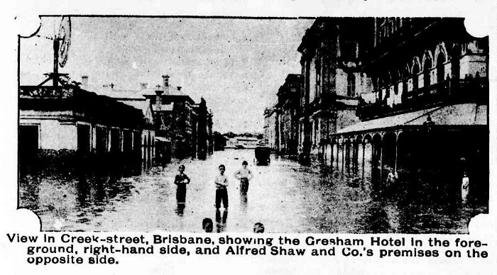 Newspaper clipping: Photograph of an inundated creek street in 1893